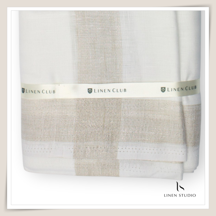 Pure Linen Dhoti by Linen Club - Beige with a Metallic Silver Zari Border (Zoom In) (NEW)