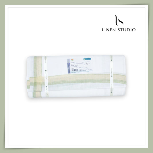 Pure Linen Dhoti by Linen Club - Sage Green with a Metallic Gold Zari Border (Zoom In) (NEW)