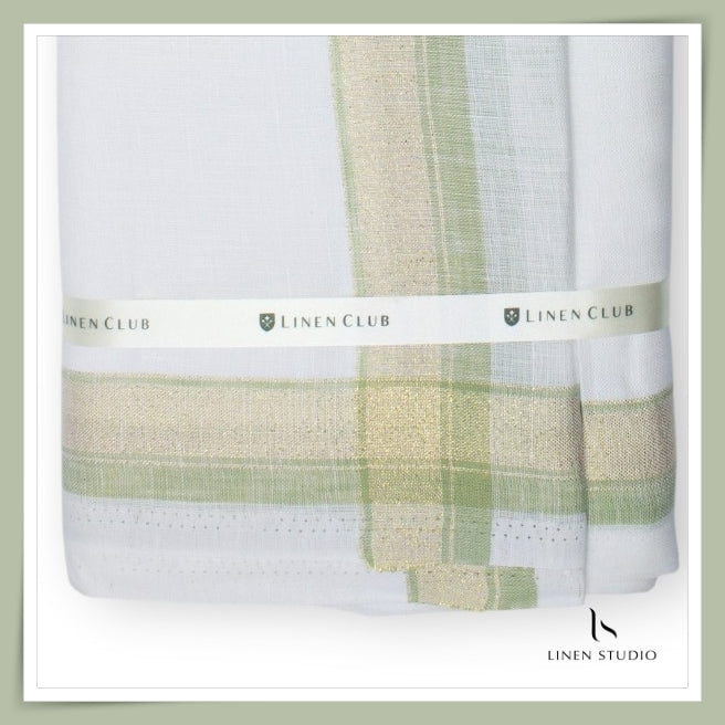 Pure Linen Dhoti by Linen Club - Sage Green with a Metallic Gold Zari Border (Zoom In) (NEW)