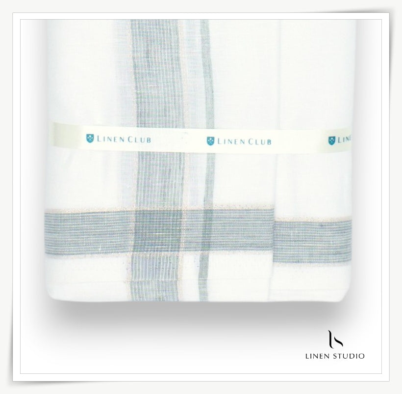 Linen Dhoti by Linen Club - White with Green Border & Gold Zari (Zoom In) (NEW)