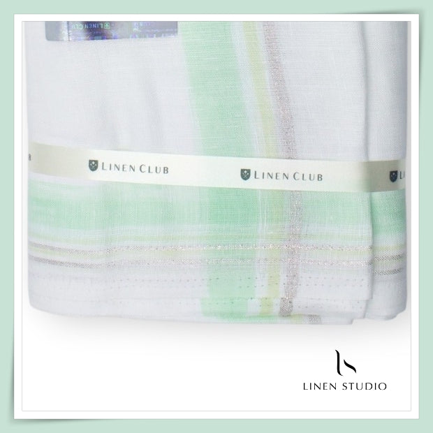 Pure Linen Dhoti by Linen Club - Mint Green with a Silver Zari Border (Zoom In) (NEW)