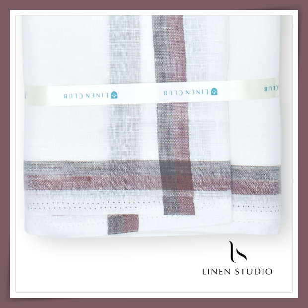 Pure Linen Dhoti by Linen Club - Maroon & Grey Border (Zoom In) (NEW)