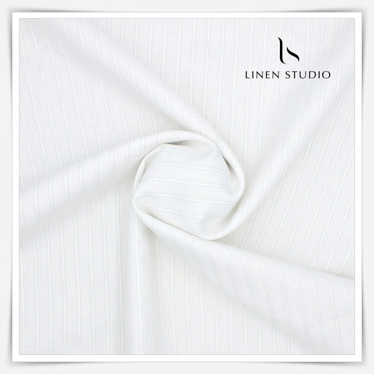 60 Lea European Linen Shirting - White with Silver Zari Stripes (zoom in)