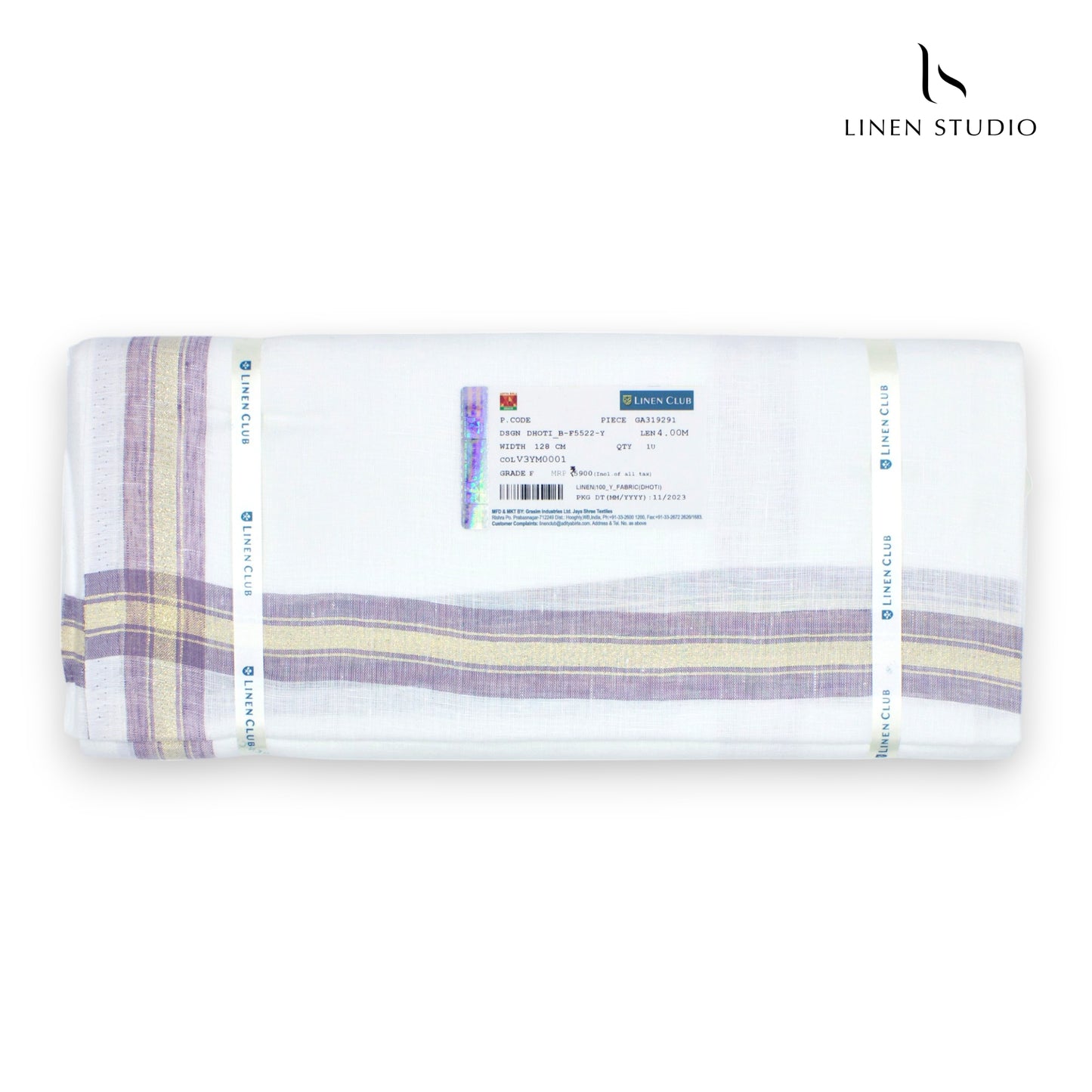 Pure Linen Dhoti by Linen Club - Pastel Purple with Gold Zari (zoom in)