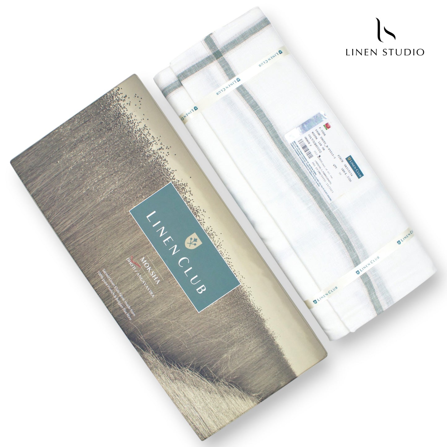 Pure Linen Dhoti by Linen Club - French Green with Silver Zari (zoom in)