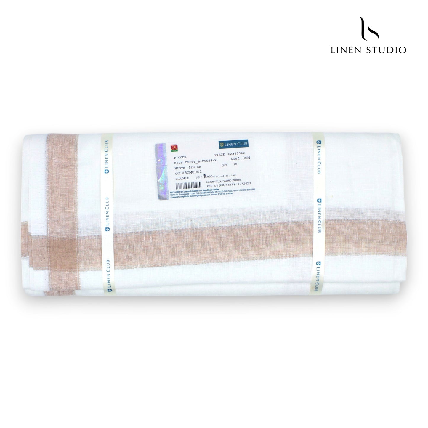 Pure Linen Dhoti by Linen Club - Light Brown with Silver Zari (zoom in)