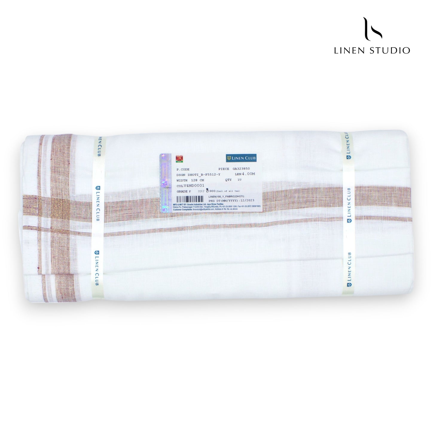 Pure Linen Dhoti by Linen Club - Pastel Brown with Golden Zari (zoom in)