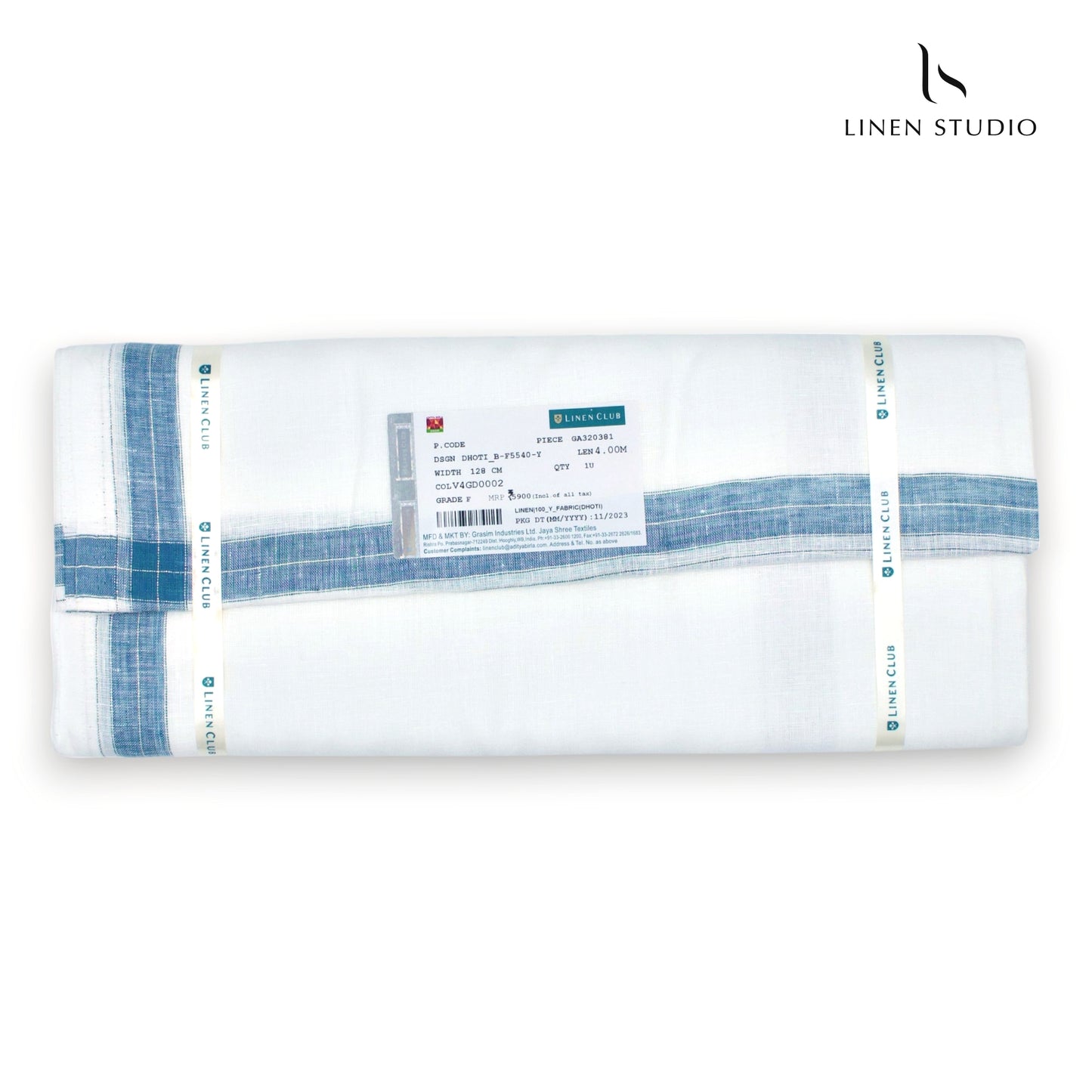 Pure Linen Dhoti by Linen Club - Dusky Blue Medium Border