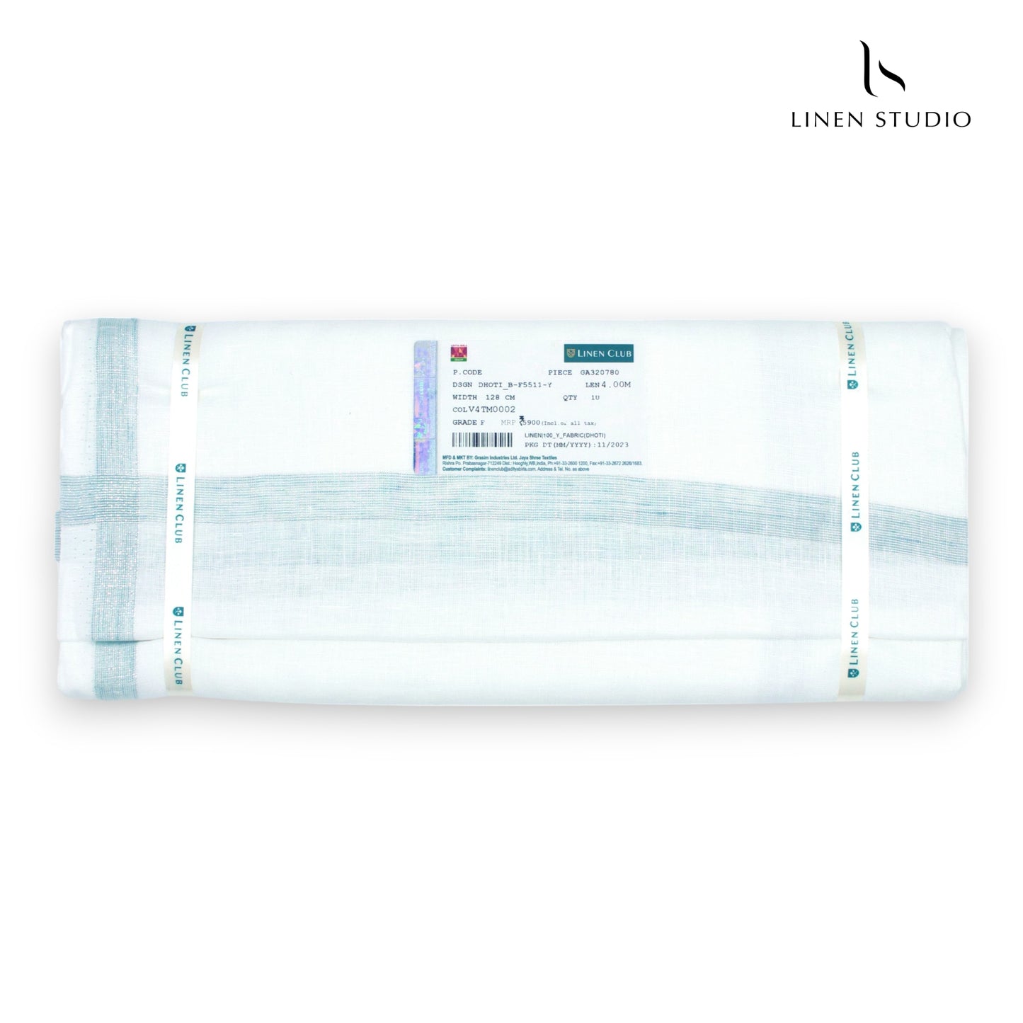 Pure Linen Dhoti by Linen Club - Light Teal with Silver Zari (zoom in)