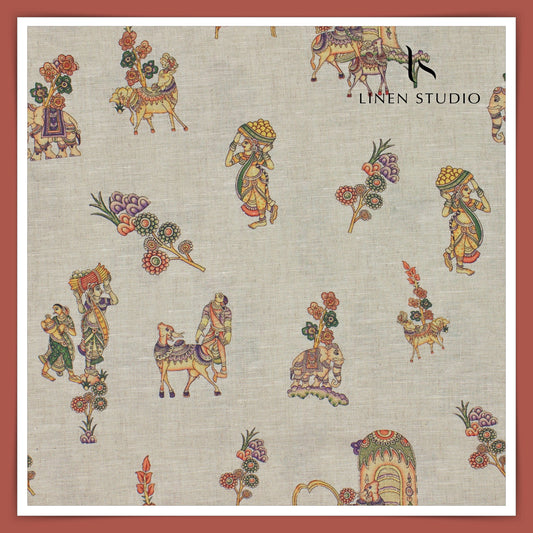 70 Lea Premium Linen Digital Print - Kamadhenu Orange (Last Few Mtrs)