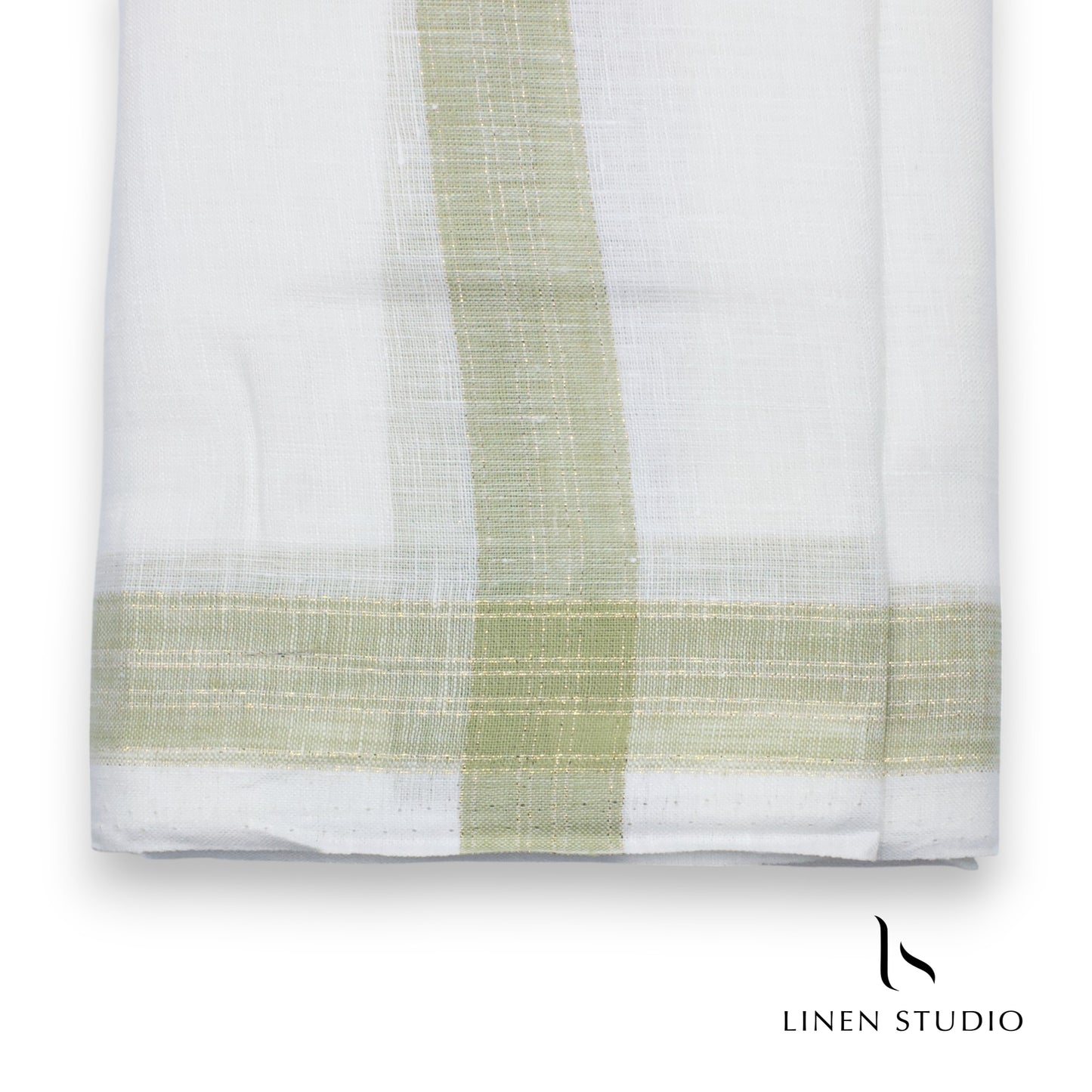 Pure Linen Dhoti by Linen Club - Pastel Green with Gold Zari (zoom in)
