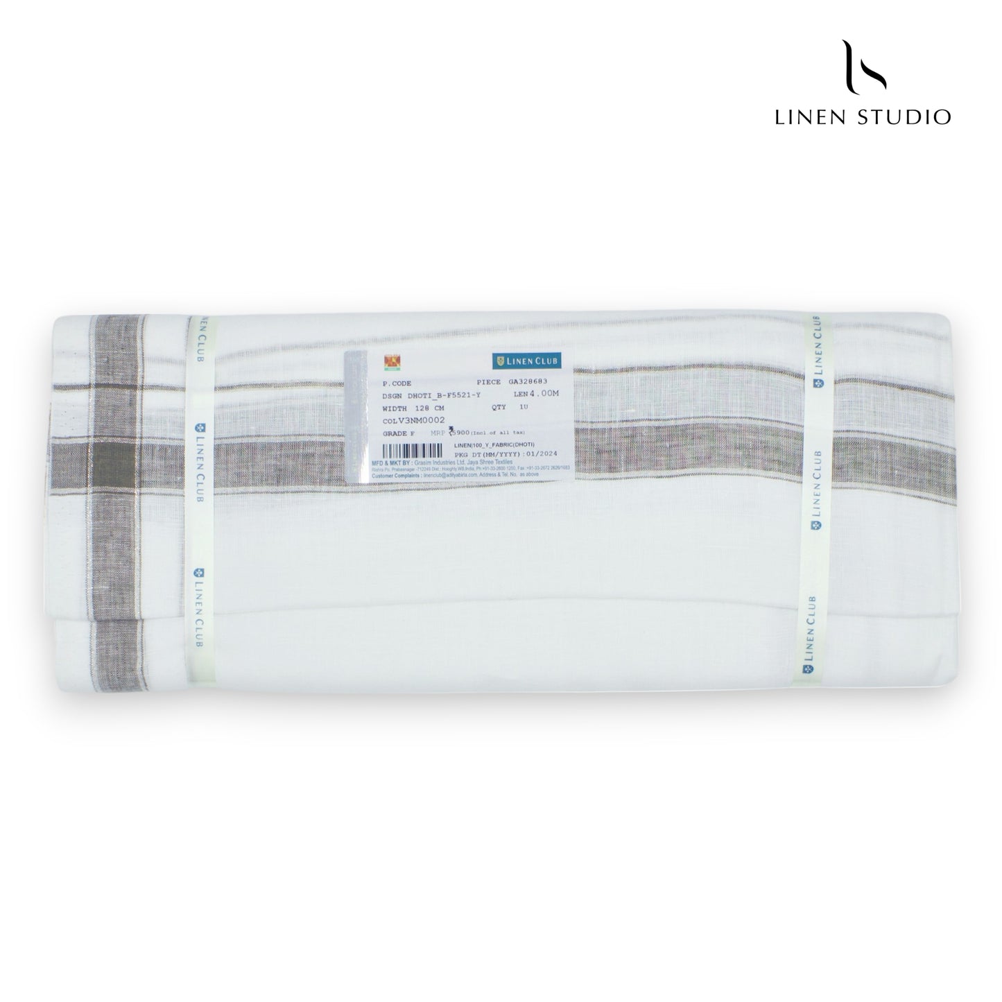 Pure Linen Dhoti by Linen Club - Greenish Brown with Silver Zari (zoom in)