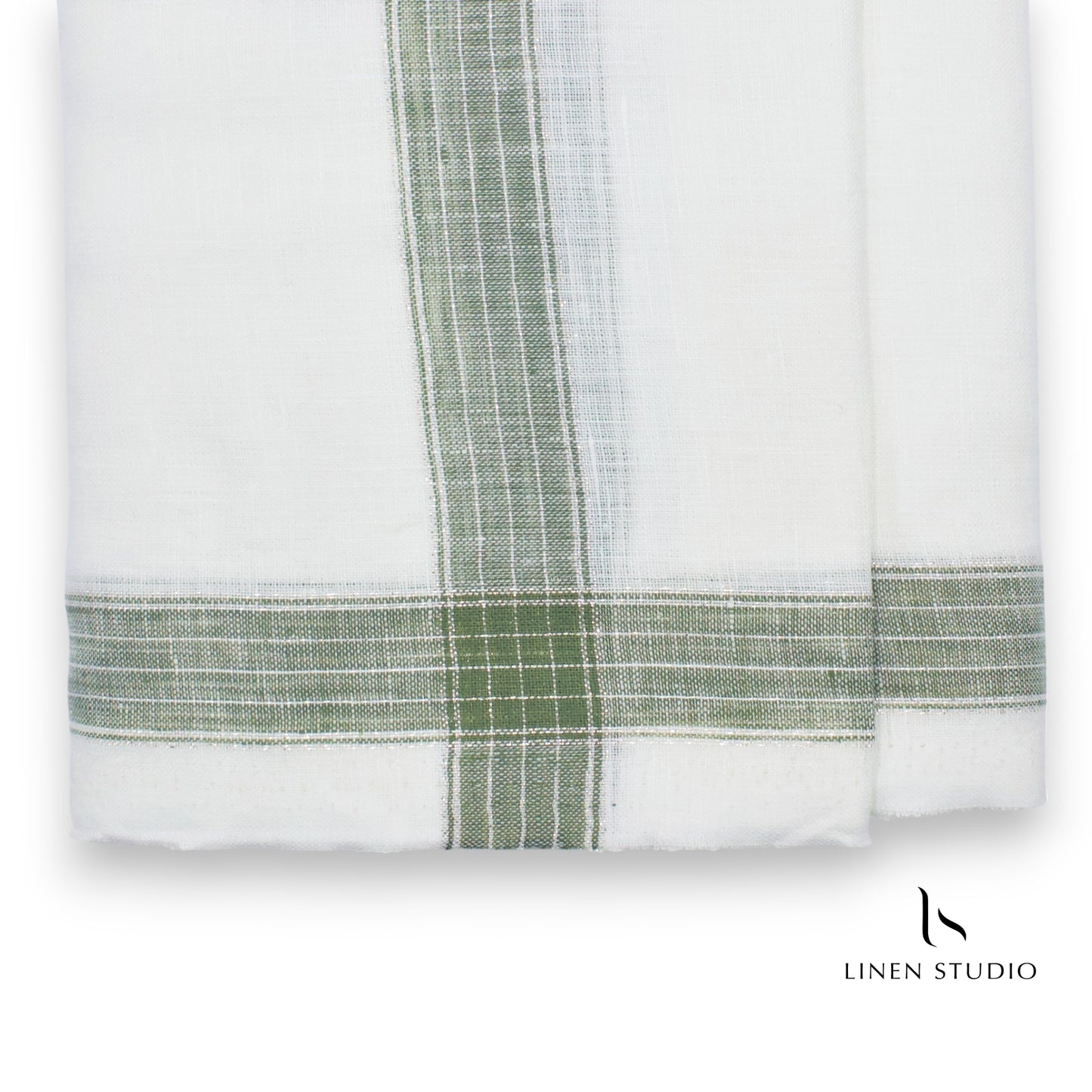 Pure Linen Dhoti by Linen Club - Moss Green with Silver Zari (zoom in)