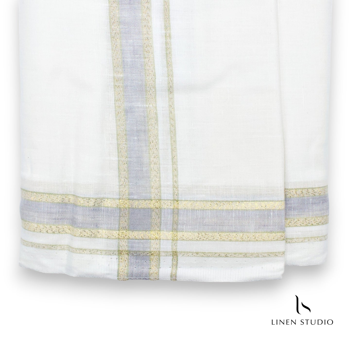 Linen Cotton Dhoti by Linen Club - Greyish Lilac Border with Gold Zari (zoom in)