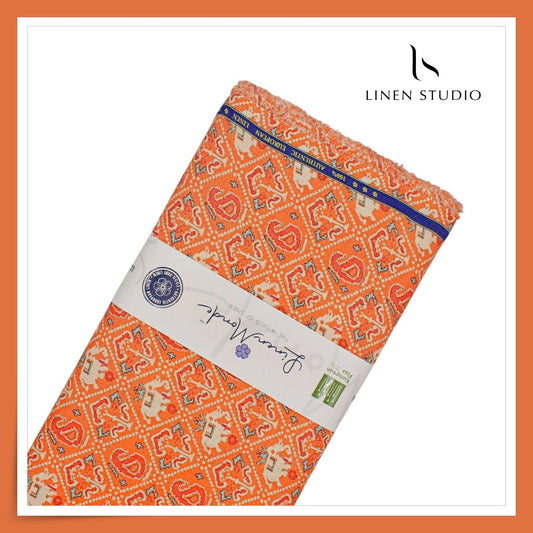 70 Lea Exclusive Digital Printed Shirting by Linen Monde - Orange Gajraj (NEW)