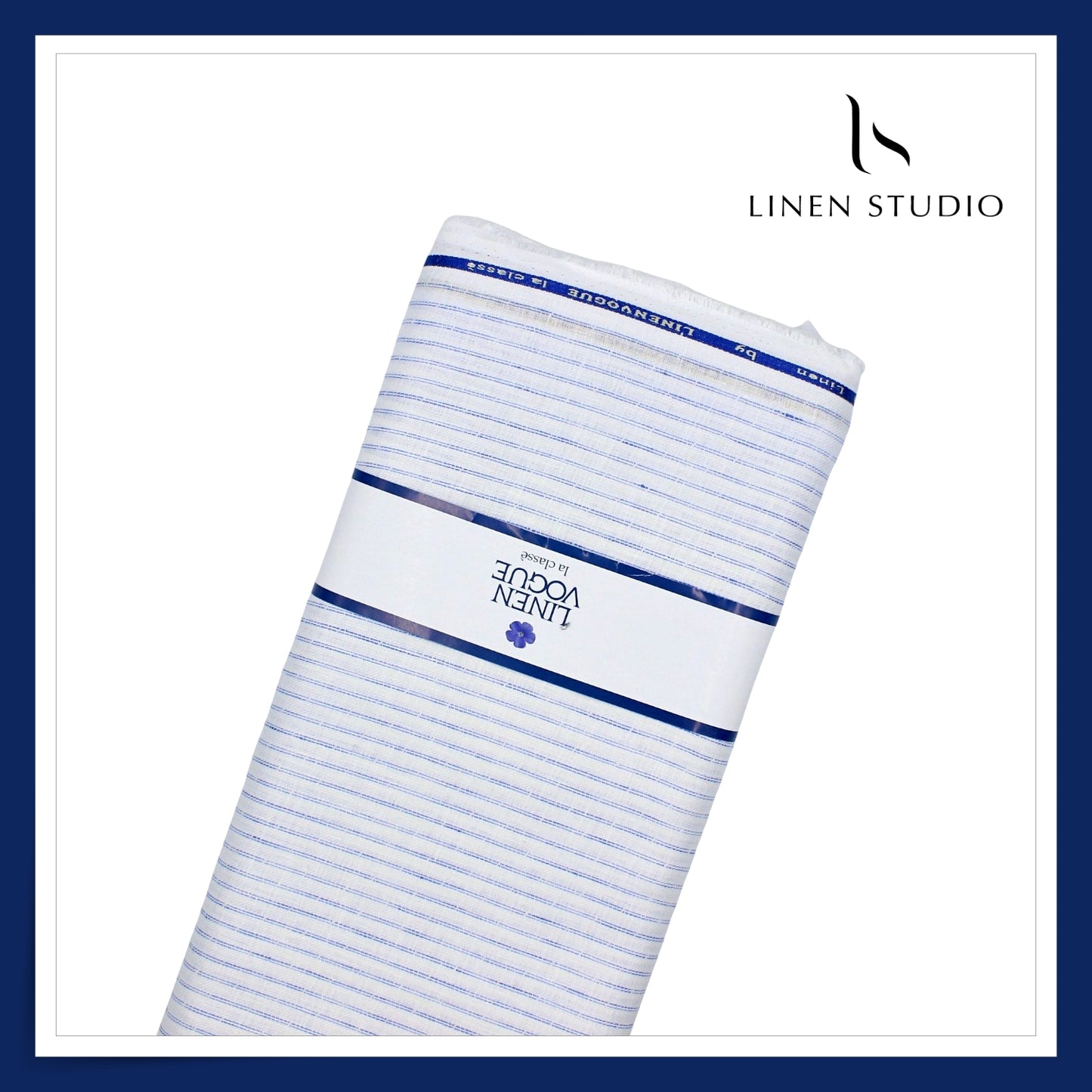 70 Lea Shirting by Linen Monde - Bright White with Classic Blue Stripes (NEW)