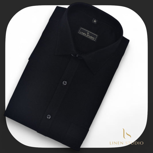Pure Cotton Netted Dobby Black Shirt - Linen Studio