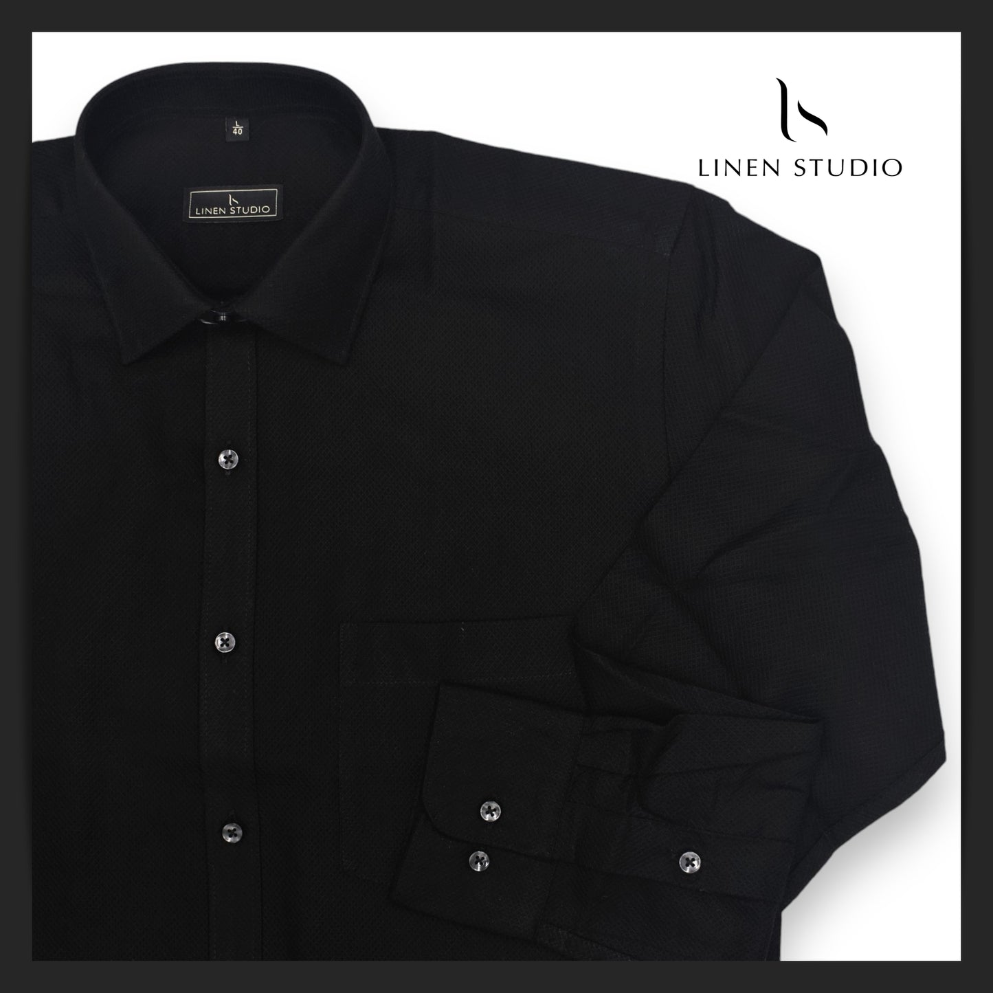 Pure Cotton Netted Dobby Black Shirt - Linen Studio