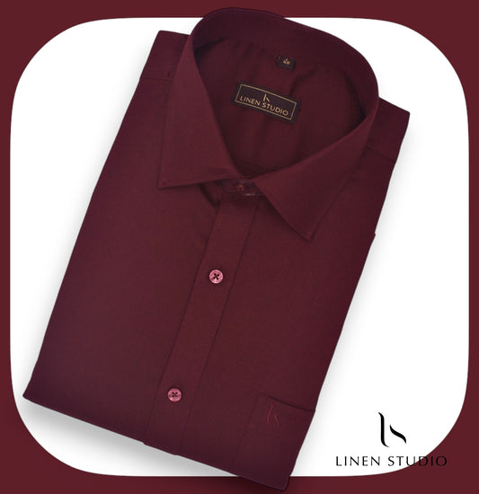 Pure Cotton 60's Count Plain Shirt - Dark Maroon - Linen Studio