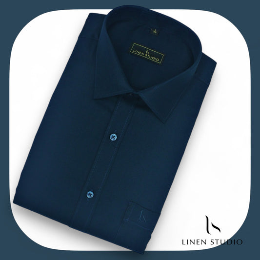 Pure Cotton 60's Count Plain Shirt - Prussian Blue - Linen Studio