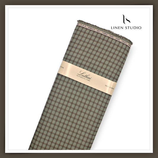 Luthai 100% Supima Cotton Jacquard Shirting - Green & Brown Fancy Checks (Zoom In) (NEW)