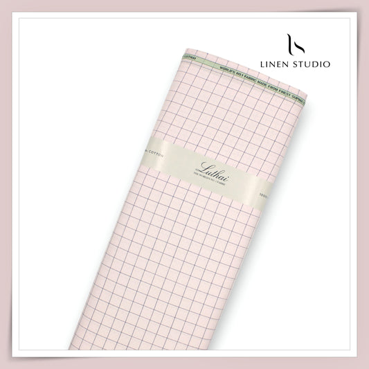 Luthai Diamond Textured Supima Cotton Shirting - Pastel Pink Checks (Zoom In) (NEW)
