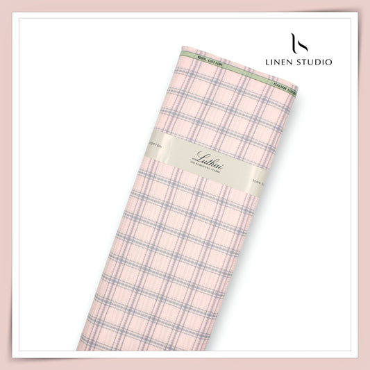 Luthai 100% Supima Cotton Jacquard Shirting - Pink Grey Checks with Dobby (Zoom In) (NEW)