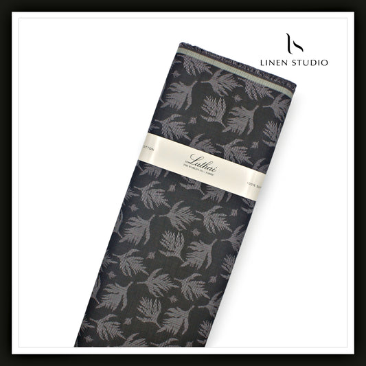 Luthai 100% Supima Cotton Jacquard 80/2 Shirting - Black with Grey Leaf (NEW)