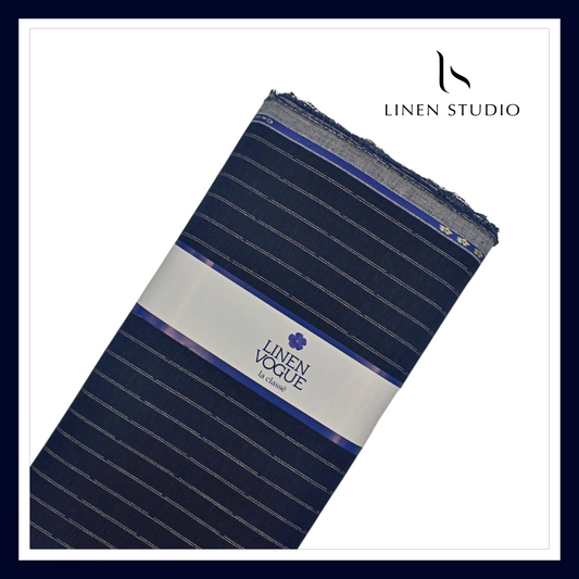 70 Lea Pure Linen Shirting by Linen Monde - Dark Blue with Silver Zari Stripes (NEW) (Zoom In)