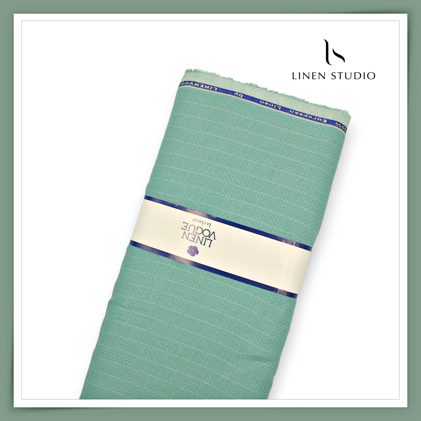70 Lea Pure Linen Shirting by Linen Vogue - Viridian Green with Silver Zari Stripes (NEW) (Zoom In)