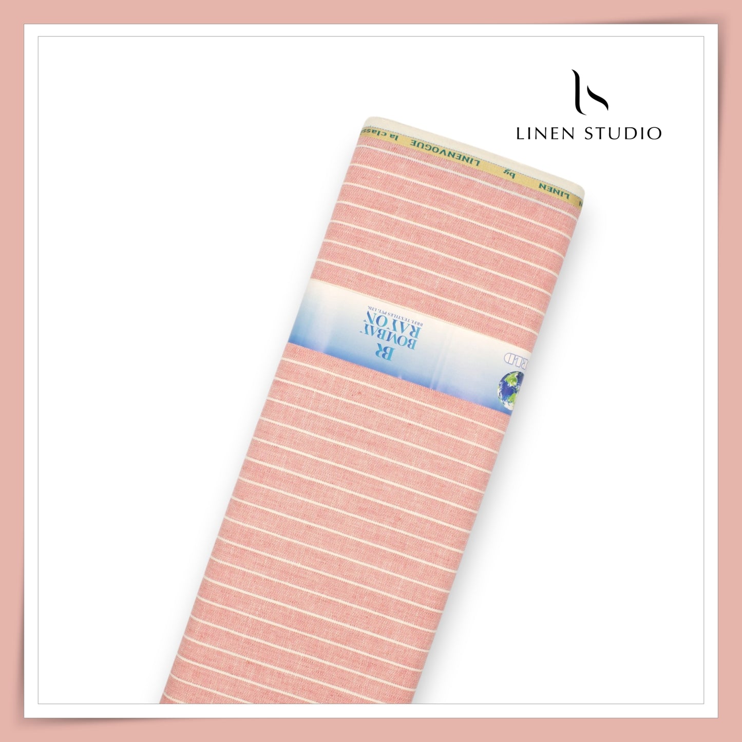 40 Lea Pure Linen Suiting by Linen Vogue - Blush with White Stripes (NEW) (Limited Stock!)