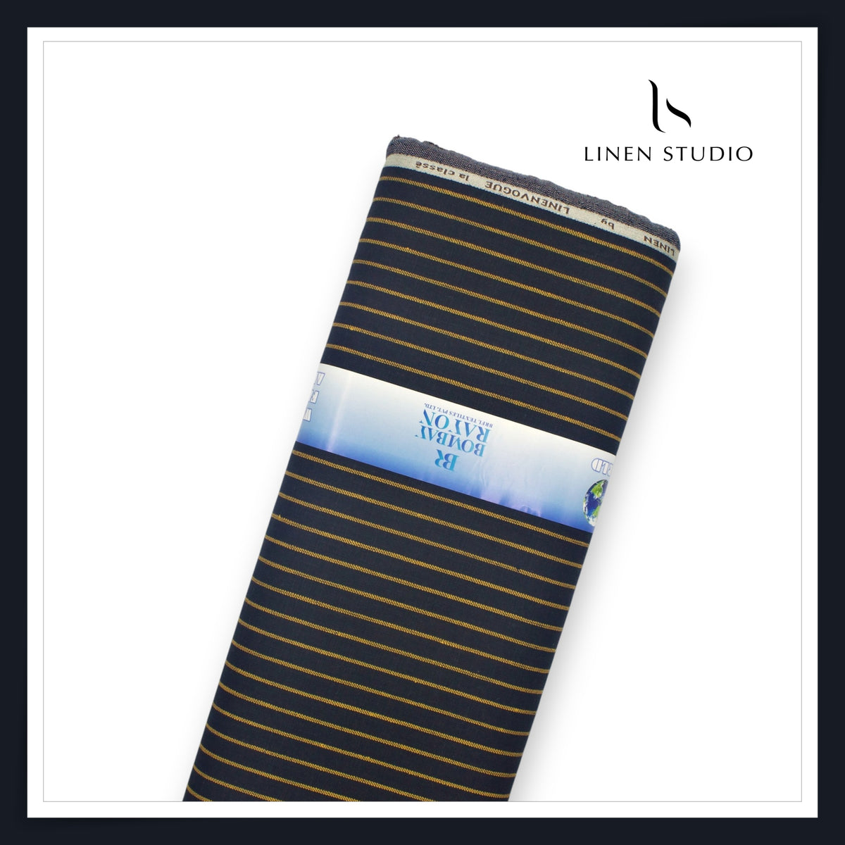 40 Lea Pure Linen Premium Suiting by Linen Vogue - Dark Blue Golden Stripes (65% OFF - FLAT RATE)