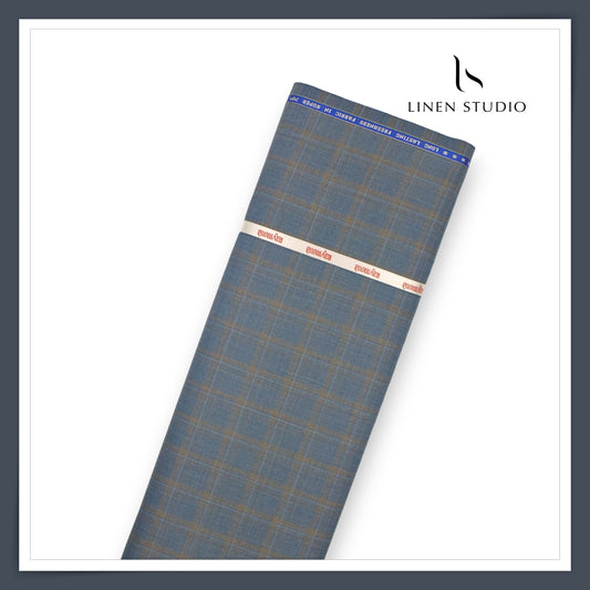 Raymond Poly Wool Blended Suiting - Slate Blue Checks (NEW) (Premium)