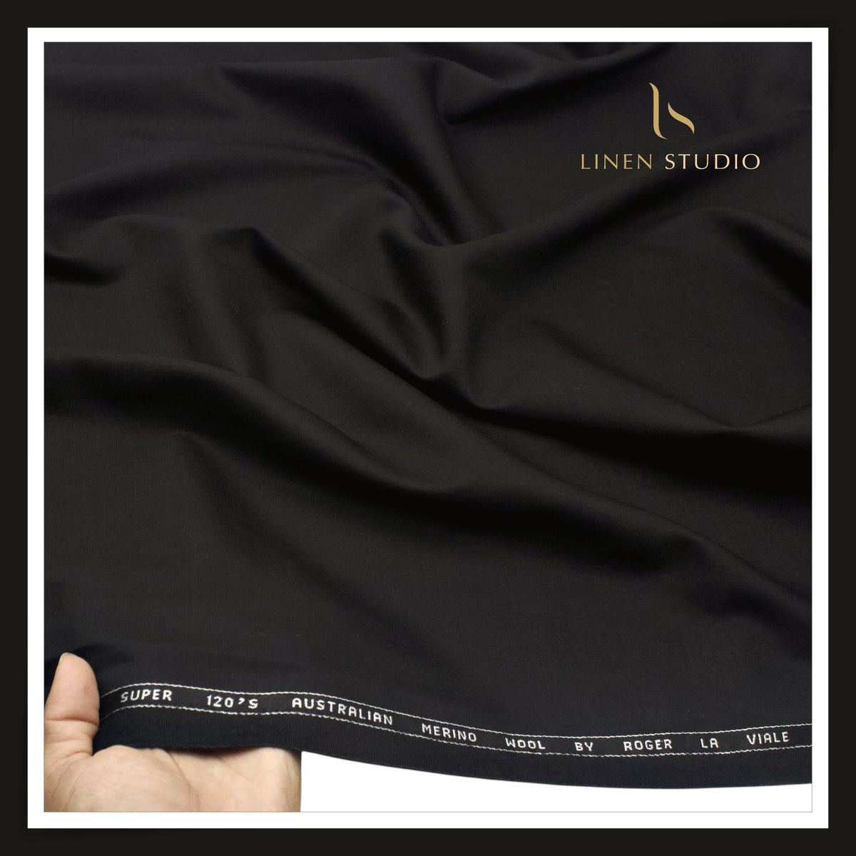 Roger La Viale 100% Pure 120's Australian Merino Wool Suiting - Deep Black Plain (NEW)