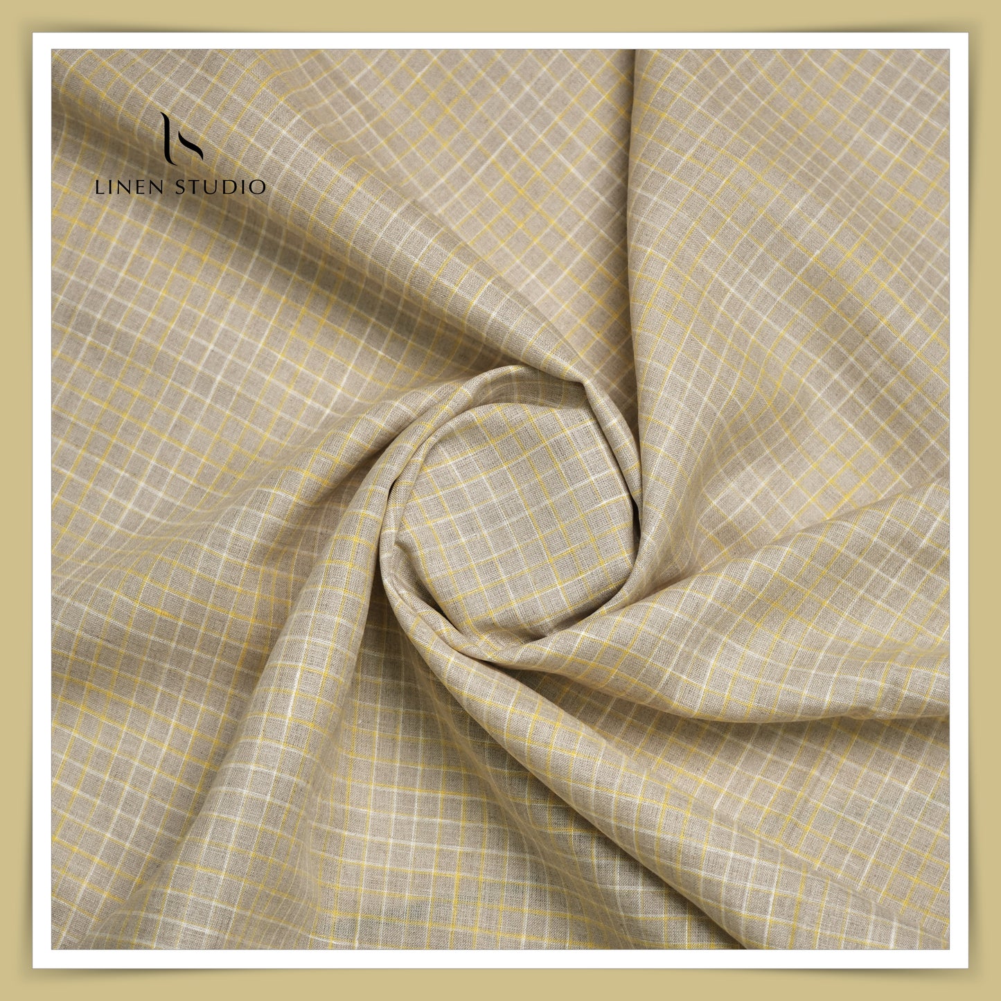 60 Lea European Linen Shirting - Natural With Golden Checks - Linen Studio