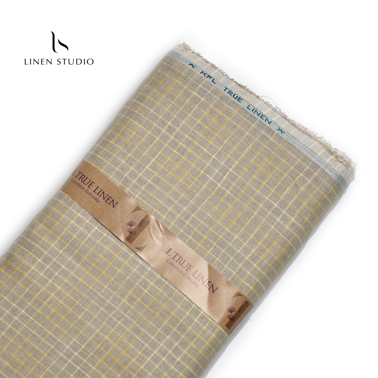 60 Lea European Linen Shirting - Natural With Golden Checks - Linen Studio