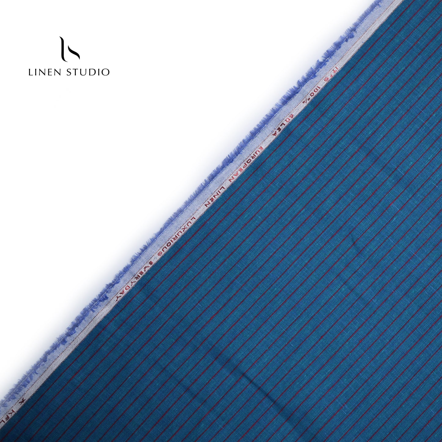 60 Lea European Linen Shirting - Prussian Blue With Red Stripes - Linen Studio