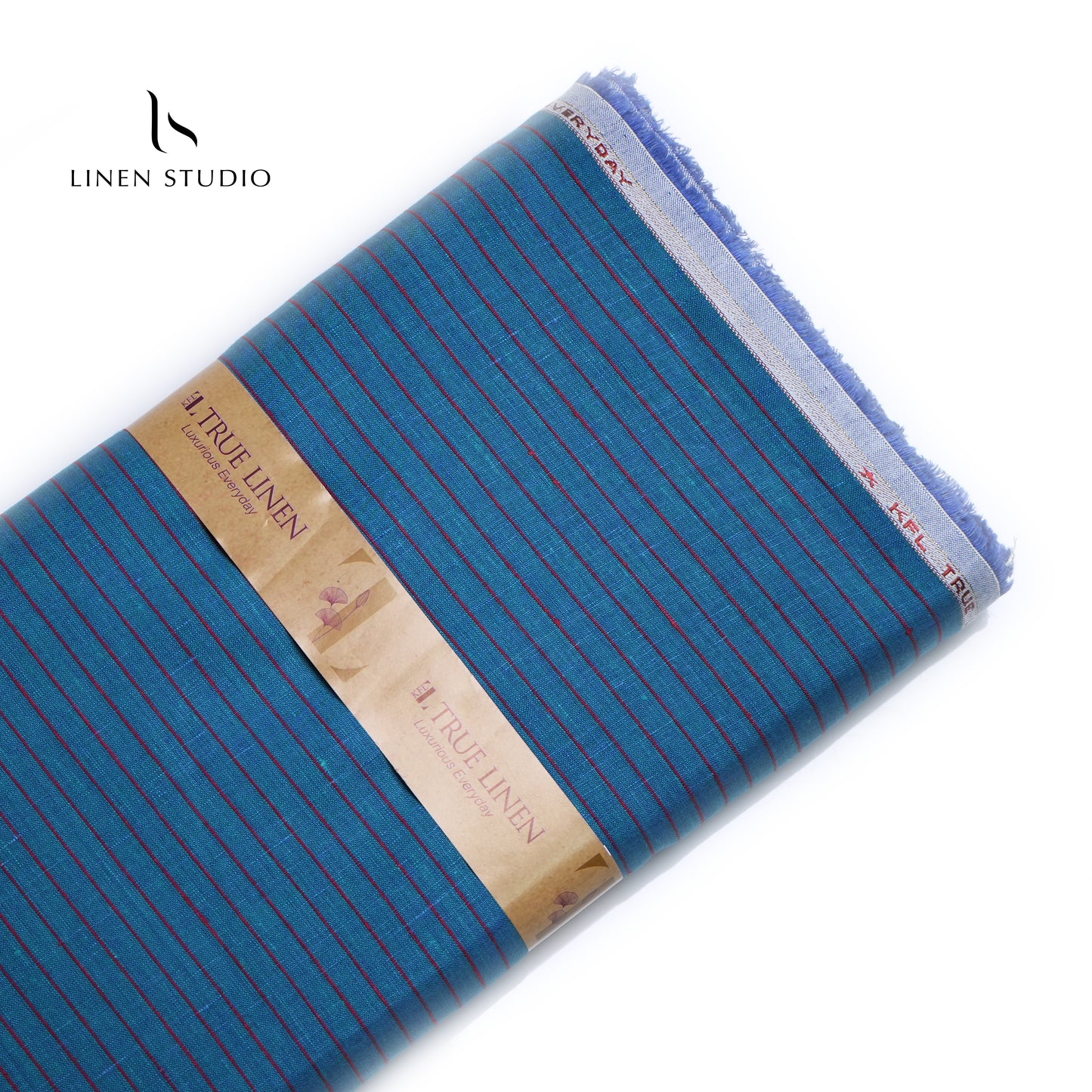 60 Lea European Linen Shirting - Prussian Blue With Red Stripes - Linen Studio