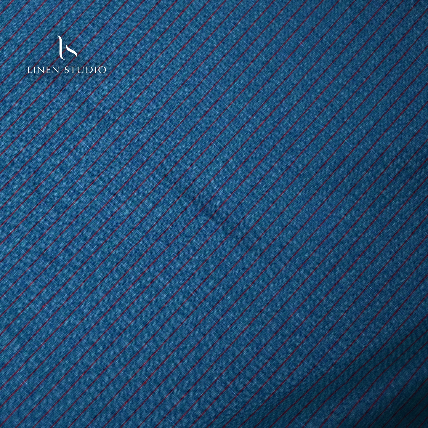 60 Lea European Linen Shirting - Prussian Blue With Red Stripes - Linen Studio