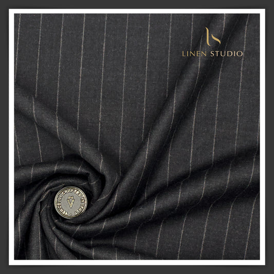 Super 120's Australian Merino Wool by Vercelli - Black with White Stripes - Linen Studio