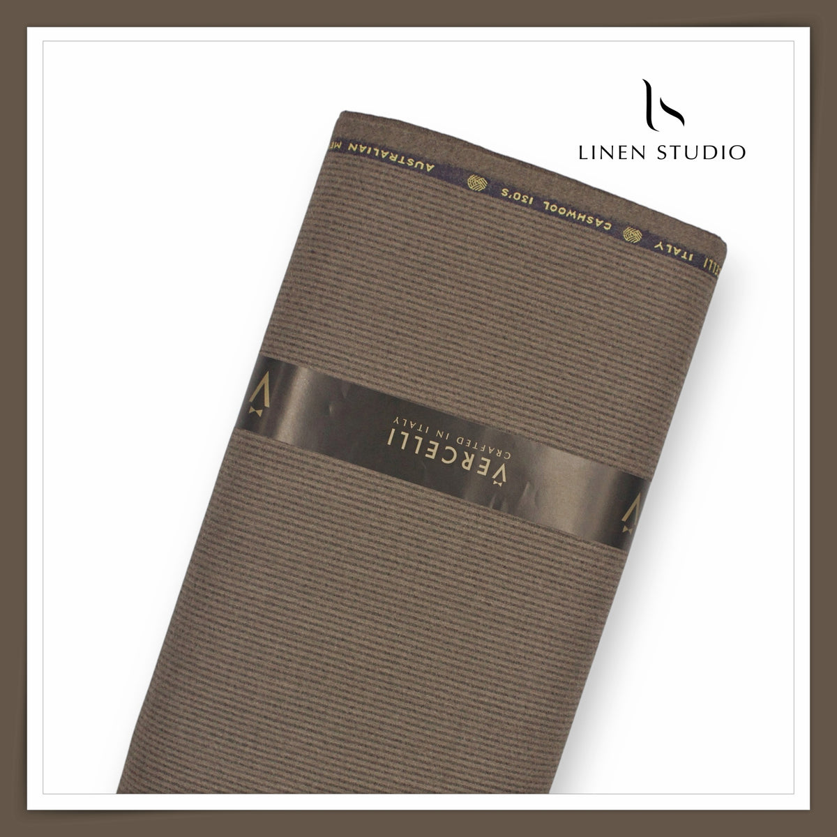 Vercelli Italy 100% Pure Milled Wool Premium Suiting - Taupe Brown with Thin Stripes (NEW)