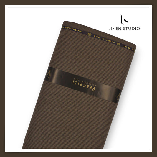 Vercelli Italy 100% Pure Milled Wool Premium Suiting - Brown with Black Thin Stripes (NEW)