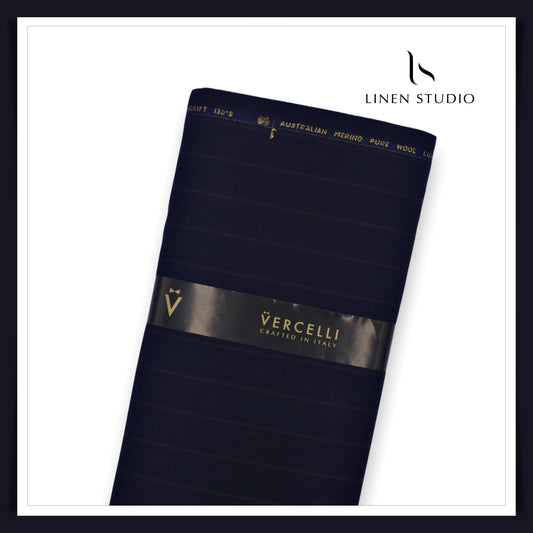 100% Australian Merino Wool by Vercelli - Milled Blue with Brown Stripes (NEW)