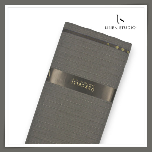 Super 150's Australian Merino Wool by Vercelli - Grey with Dotted Stripes (NEW) (Zoom In)