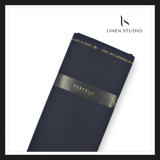Super 150's Australian Merino Wool by Vercelli - Dark Blue with Subtle Blue Stripes (NEW)