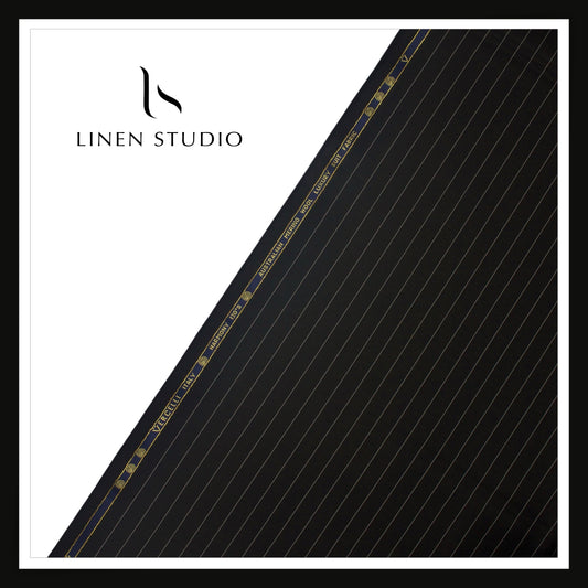 Vercelli Italy Harmony 130's 70% Australian Merino Wool Rich Suiting - Black 1.50 Cms Pinstripes (Latest Collection)
