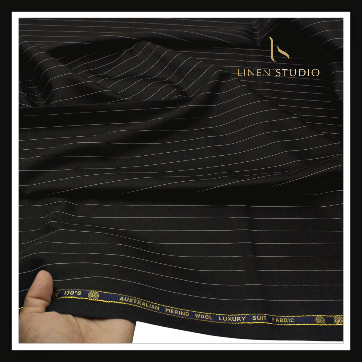 Vercelli Italy Harmony 130's 70% Australian Merino Wool Rich Suiting - Black 1.50 Cms Pinstripes (Latest Collection)