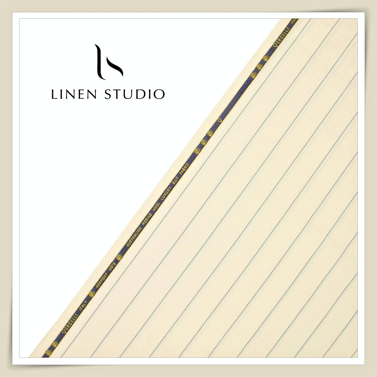 Vercelli Italy Harmony 130's 70% Australian Merino Wool Rich Suiting - Ivory Cream with 3.10 Cms Navy Pinstripe (Latest Collection)