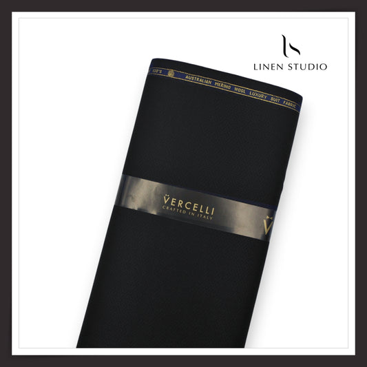 Vercelli Italy Harmony 130’s Australian Merino Wool Rich Dobby Suiting - Black Tonal Chevron (NEW) (Zoom In)