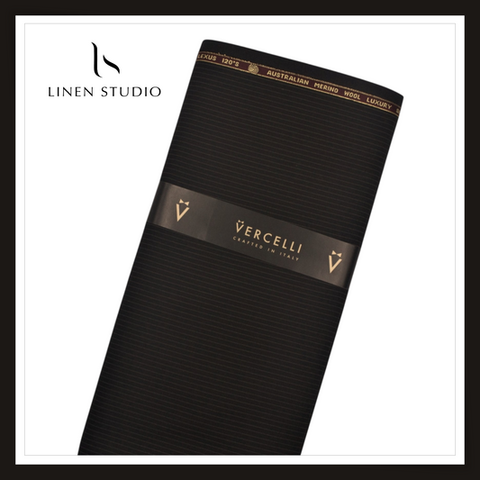 120's Australian Merino Wool by Vercelli - Black with Close Pin Stripes (NEW)